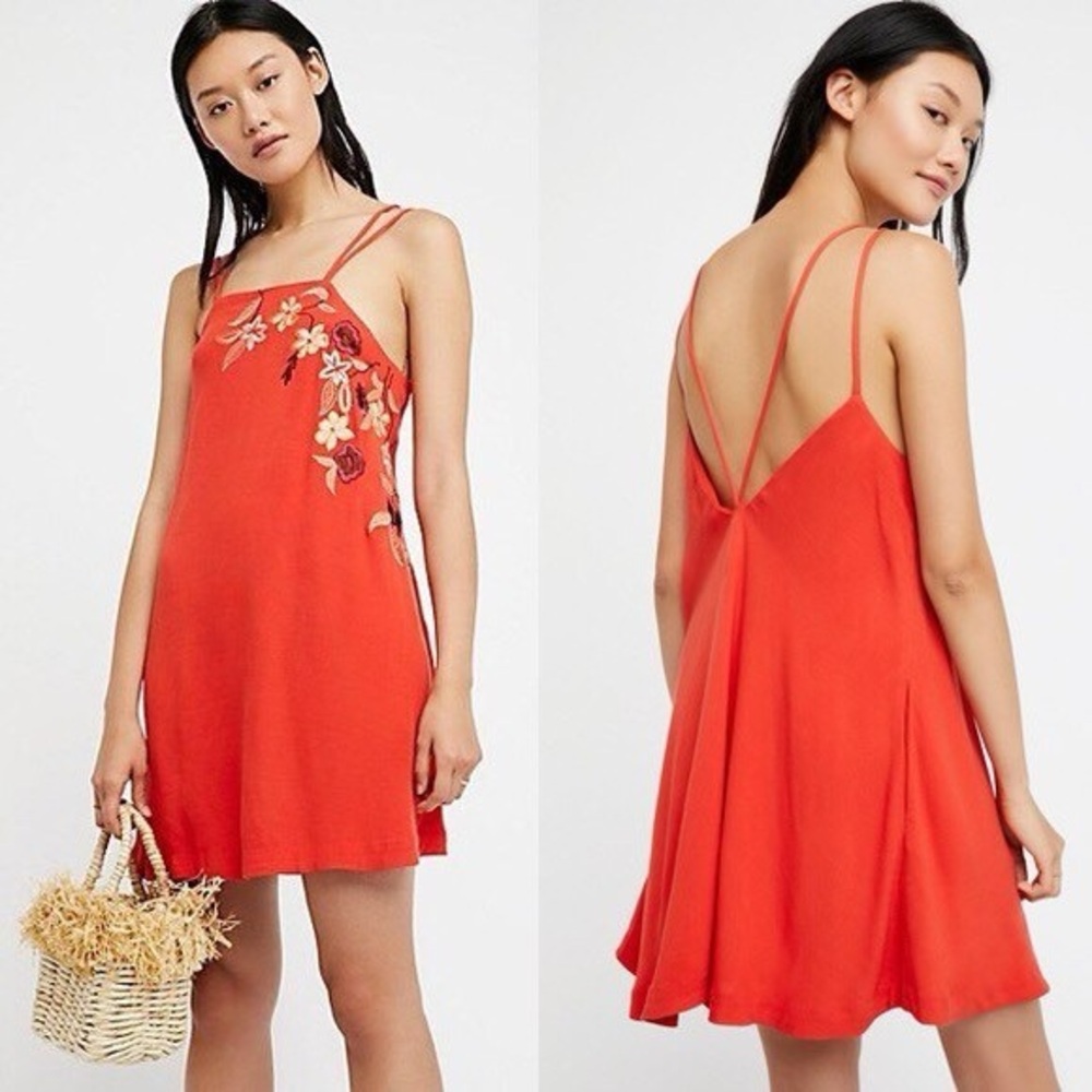 Free People Embroidered Flower Fields Shift Dress Red/ Orange